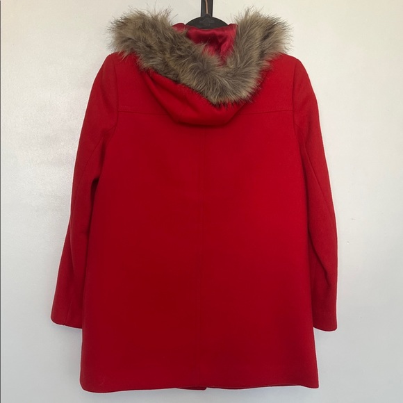 J. Crew Red Women's Pea Coat with Fur Trim - Picture 3 of 8